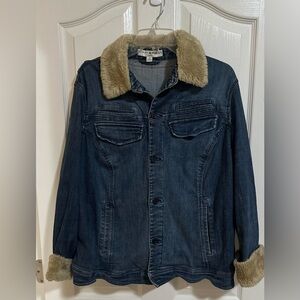Women’s Plus Tommy Hilfiger Faux Fur Denim Jacket Embroidered Floral Y2K Sz 1X.‎